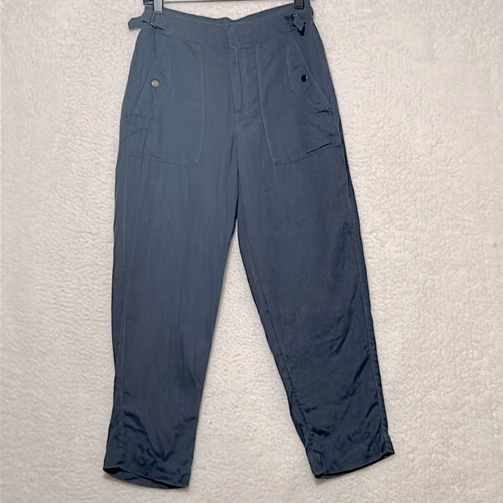 Athleta blue voyager cropped linen straight leg casual pants size 4